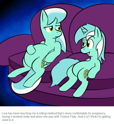 Size: 624x679 | Tagged: safe, artist:lamia, lyra heartstrings, skyra, pegasus, pony, unicorn, ask skyra and bons away, female, mare, meme, pregnant, sitting, sitting lyra, sofa