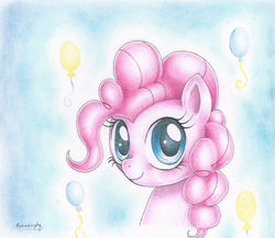 Size: 900x780 | Tagged: safe, artist:evomanaphy, pinkie pie, earth pony, pony, balloon, colored pencil drawing, cutie mark, looking at you, pink, portrait, solo, traditional art