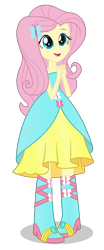 Size: 1042x2500 | Tagged: safe, artist:negasun, fluttershy, equestria girls, equestria girls (movie), bare shoulders, boots, clothes, cute, dress, fall formal outfits, high heel boots, simple background, sleeveless, solo, strapless, transparent background, vector