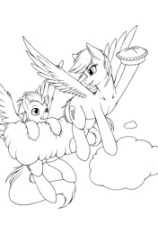 Size: 855x1213 | Tagged: safe, artist:longinius, rainbow dash, soarin', pegasus, pony, cloud, female, flying, grayscale, male, monochrome, shipping, soarindash, straight