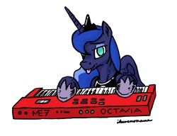 Size: 1237x951 | Tagged: safe, artist:selenophile, princess luna, alicorn, pony, :p, cute, keyboard, leaning, looking at you, silly, smiling, solo, the power, tongue out