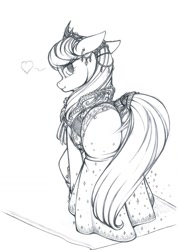 Size: 749x1051 | Tagged: safe, artist:longinius, octavia melody, earth pony, pony, clothes, dock, dress, earring, grayscale, heart, jewelry, looking at you, looking back, monochrome, plot, plotavia, smiling, solo, sparkles, tail wrap, treblebutt