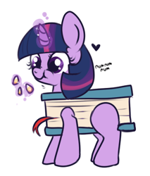 Size: 340x400 | Tagged: safe, artist:lulubell, twilight sparkle, book, candy corn, clothes, costume, food, simple background, solo, white background