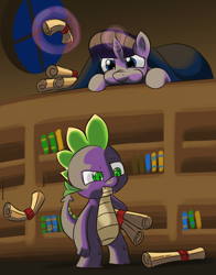 Size: 3728x4744 | Tagged: safe, artist:dimfann, spike, twilight sparkle, dragon, cleaning, magic, prank, scroll