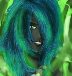 Size: 562x596 | Tagged: safe, artist:ghiblifreek, queen chrysalis, human, bust, fangs, female, hair over one eye, humanized, looking at you, pony coloring, portrait, solo
