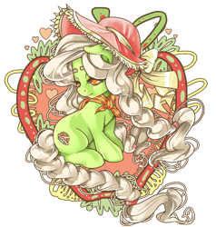 Size: 800x840 | Tagged: safe, artist:raspbearyart, granny smith, earth pony, pony, colored pupils, female, filly, hat, looking back, sitting, solo, young granny smith