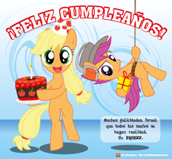 Size: 800x740 | Tagged: safe, artist:jcosneverexisted, applejack, scootaloo, earth pony, pony, cake, happy birthday, present, spanish