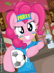 Size: 1654x2251 | Tagged: safe, artist:jcosneverexisted, pinkie pie, earth pony, pony, clothes, drink, football, gatorade, headband, shirt, solo, sports drink