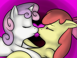 Size: 763x570 | Tagged: safe, artist:lamia, apple bloom, sweetie belle, earth pony, pony, unicorn, abstract background, female, filly, filly on filly, imminent kissing, lesbian, nuzzling, shipping, sweetiebloom