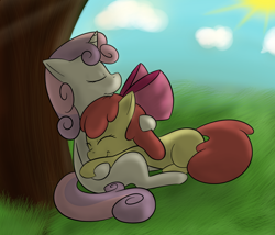 Size: 1750x1500 | Tagged: safe, artist:lamia, apple bloom, sweetie belle, earth pony, pony, unicorn, eyes closed, female, filly, hug, lesbian, shipping, sweetiebloom, toy ship, tree