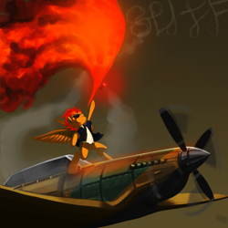 Size: 6000x6000 | Tagged: safe, artist:dimfann, spitfire, pony, absurd resolution, awesome, badass, bipedal, epic, fighter, fire, flare, literal, namesake, plane, pun, solo, spitfiery, supermarine spitfire, visual pun