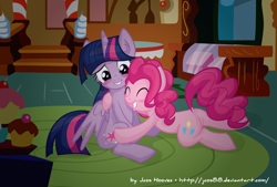 Size: 2362x1593 | Tagged: dead source, safe, artist:jcosneverexisted, pinkie pie, twilight sparkle, twilight sparkle (alicorn), alicorn, earth pony, pony, blush sticker, blushing, cupcake, female, hug, lesbian, mare, shipping, sugarcube corner, twinkie