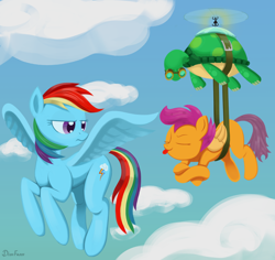 Size: 6000x5664 | Tagged: safe, artist:dimfann, rainbow dash, scootaloo, tank, pegasus, pony, absurd resolution, carrying, flying, pet, scootaloo can't fly