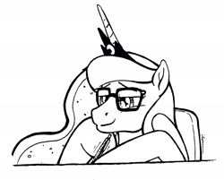 Size: 2376x1908 | Tagged: safe, artist:selenophile, princess luna, alicorn, pony, glasses, monochrome, pen, smiling, smirk, solo, writing