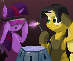 Size: 6000x5008 | Tagged: safe, artist:dimfann, applejack, twilight sparkle, twilight sparkle (alicorn), alicorn, earth pony, pony, princess twilight sparkle (episode), absurd resolution, female, mare, mystery box of plot importance, plasma cutter, scene interpretation, scene parody