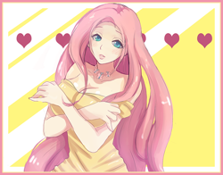 Size: 700x548 | Tagged: safe, artist:songoftheshoebox, fluttershy, human, abstract background, adorasexy, blushing, breasts, cute, female, hootershy, humanized, sexy, shyabetes, solo, stupid sexy fluttershy