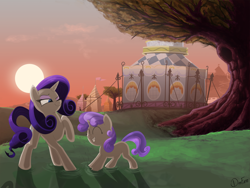 Size: 4500x3375 | Tagged: safe, artist:dimfann, rarity, sweetie belle, pony, unicorn, backlighting, cute, diasweetes, eyes closed, puddle, raised hoof, sun, sunset, tent, tree