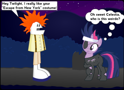 Size: 550x400 | Tagged: safe, artist:homfrog, princess celestia, twilight sparkle, pony, unicorn, bandage, escape from new york, female, future twilight, halloween, homestar runner, konami, mare, metal gear, nightmare night, snake plissken, yahoo serious, young einstein