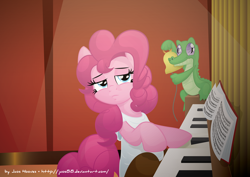 Size: 2362x1671 | Tagged: safe, artist:jcosneverexisted, gummy, pinkie pie, earth pony, pony, bell, clothes, dress, piano