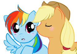 Size: 488x344 | Tagged: safe, artist:lulubell, applejack, rainbow dash, earth pony, pegasus, pony, appledash, female, kissing, lesbian, shipping, simple background, white background