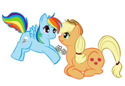 Size: 644x444 | Tagged: safe, artist:lulubell, applejack, rainbow dash, earth pony, pegasus, pony, appledash, female, flower, lesbian, shipping, simple background, white background