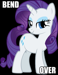 Size: 744x960 | Tagged: safe, rarity, pony, unicorn, bedroom eyes, bend over, female, image macro, looking at you, mare, meme, simple background, solo