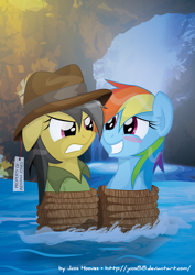 Size: 1181x1670 | Tagged: safe, artist:jcosneverexisted, daring do, rainbow dash, oc, pegasus, pony, angry, duo, hat, indiana jones, rainbond dash, rope, sheepish grin, tied up, water