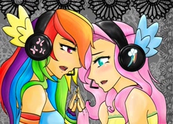 Size: 1134x814 | Tagged: safe, artist:ketsuzoku, fluttershy, rainbow dash, human, clothes, cute, female, fingerless gloves, flutterdash, gloves, headphones, humanized, lesbian, magnet, shipping, singing, vocaloid