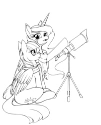 Size: 945x1164 | Tagged: safe, artist:longinius, princess luna, twilight sparkle, twilight sparkle (alicorn), alicorn, pony, clothes, female, grayscale, lineart, mare, monochrome, scarf, telescope