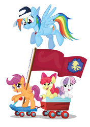 Size: 1253x1772 | Tagged: safe, artist:jcosneverexisted, apple bloom, rainbow dash, scootaloo, sweetie belle, pegasus, pony, flight to the finish, cutie mark crusaders, scooter, wagon