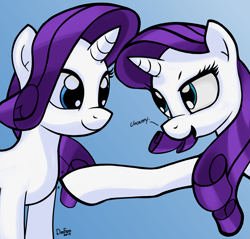 Size: 5696x5456 | Tagged: safe, artist:dimfann, rarity, pony, unicorn, absurd resolution, bedroom eyes, duality, eye contact, open mouth, pointing, poking, self ponidox, smiling