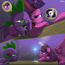 Size: 3000x3000 | Tagged: safe, artist:dimfann, rarity, spike, twilight sparkle, twilight sparkle (alicorn), alicorn, dragon, pony, unicorn, bedroom eyes, burned, disproportionate retribution, eye contact, fangs, female, fire, frown, glow, grin, heart, high res, magic, male, mare, open mouth, pictogram, shipping, smiling, sparity, speech bubble, spread wings, straight, table, teasing, twilight is not amused, unamused, worth it, zipper