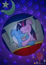 Size: 3739x5288 | Tagged: safe, artist:jcosneverexisted, trixie, twilight sparkle, bed, blanket, cuddling, female, hug, lesbian, pillow, shipping, snuggling, twixie