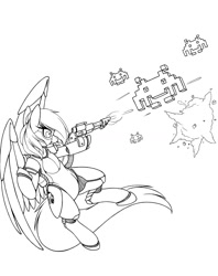 Size: 860x1088 | Tagged: safe, artist:longinius, oc, oc only, robot, grayscale, gun, monochrome, solo, space invaders, taito