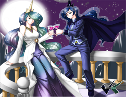 Size: 1000x770 | Tagged: safe, artist:jadenkaiba, princess celestia, princess luna, human, alcohol, balcony, clothes, dress, female, glass, humanized, moon, night, stars, wine, wine glass