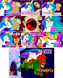 Size: 1280x1593 | Tagged: safe, artist:terry, princess celestia, alicorn, pony, bambi, battlecat, bleach (manga), comic, crossover, dialogue, disney, female, he-man, letter, mare, thundercats, wat