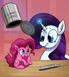 Size: 2000x2208 | Tagged: safe, artist:dimfann, pinkie pie, rarity, earth pony, pony, unicorn, can, canned laughter, food, micro, ponk, surprised, table