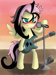 Size: 900x1188 | Tagged: dead source, safe, artist:gatodelfuturo, fluttershy, pegasus, pony, alternate hairstyle, bipedal, drunk, drunkershy, electric guitar, emoshy, female, guitar, mare, microphone, solo, stage