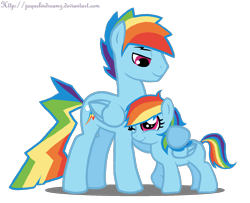 Size: 1601x1299 | Tagged: safe, artist:jaquelindreamz, rainbow blitz, rainbow dash, oc, oc:aurora spectralis, pegasus, pony, father and child, father and daughter, female, filly, male, offspring, parent and child, parent:rainbow blitz, parent:rainbow dash, parents:dashblitz, parents:selfcest, rule 63, selfcest, stallion