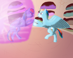 Size: 1280x1024 | Tagged: safe, artist:serinity52, rainbow blitz, rainbow dash, pegasus, pony, fanfic:on a cross and arrow, eye contact, fanfic, fanfic art, female, looking at each other, male, mare, rule 63, self ponidox, stallion