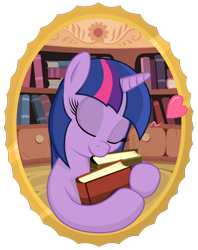 Size: 2639x3333 | Tagged: safe, artist:negasun, twilight sparkle, book, cute, eyes closed, floating heart, frame, heart, high res, hug, library, solo, that pony sure does love books, twiabetes