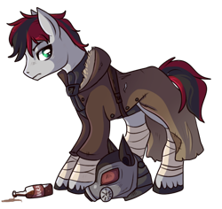 Size: 550x520 | Tagged: safe, artist:lulubell, oc, oc only, fallout equestria, bottle, clothes, coat, fallout, helmet, ncr, ncr ranger, new canterlot republic, nuka cola, ponified, simple background, solo, transparent background