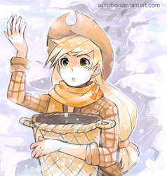 Size: 700x734 | Tagged: dead source, safe, artist:suikuzu, applejack, human, applejack's hat, basket, clothes, cowboy hat, female, hat, humanized, scarf, snow, snowfall, solo