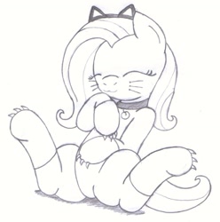 Size: 1280x1292 | Tagged: safe, artist:an-tonio, derpibooru exclusive, fluttershy, pegasus, pony, :3, bell, bell collar, cat ears, catsuit, clothes, collar, cute, eyes closed, fluttercat, monochrome, shyabetes, sitting, smiling, socks, solo, traditional art