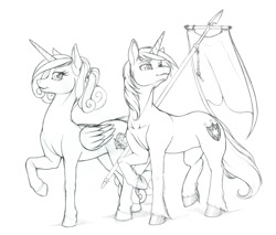 Size: 1138x970 | Tagged: safe, artist:longinius, princess cadance, shining armor, alicorn, pony, unicorn, grayscale, monochrome