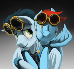 Size: 2000x1862 | Tagged: safe, artist:dimfann, rainbow dash, soarin', pegasus, pony, cuddling, cute, female, glomp, goggles, hug, male, shipping, smiling, snuggling, soarindash, straight, wonderbolts dress uniform