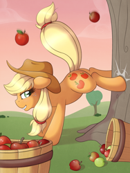 Size: 1024x1365 | Tagged: safe, artist:ratofdrawn, applejack, earth pony, pony, apple, apple/apples falling, basket, bucking, female, hat, mare, solo, tree