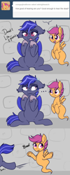 Size: 520x1300 | Tagged: safe, artist:lulubell, scootaloo, oc, oc:night watch, bat pony, ghost, pony, ask night watch, nope, scared, tumblr