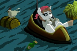 Size: 2000x1343 | Tagged: safe, artist:anadukune, pipsqueak, earth pony, pony, banana, barrel, book, colt, crossover, food, male, monkey island, pirate, solo, video game, water