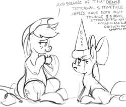 Size: 1500x1279 | Tagged: safe, artist:dimfann, apple bloom, applejack, earth pony, pony, apple, dialogue, dunce hat, grayscale, hat, lineart, monochrome, sketch, that pony sure does love apples